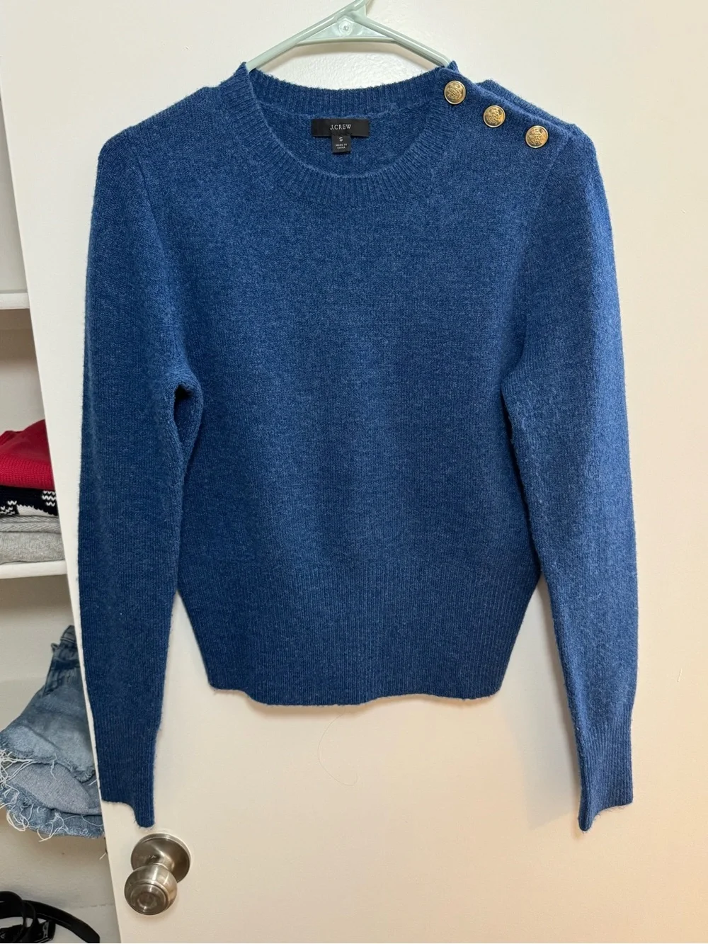 J. Crew Deep Blue Crewneck Sweater with Gold Shoulder Buttons